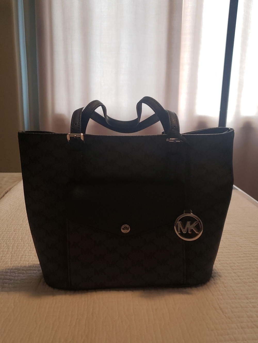 Michael Kors Black Monogram Tote with MK Charm